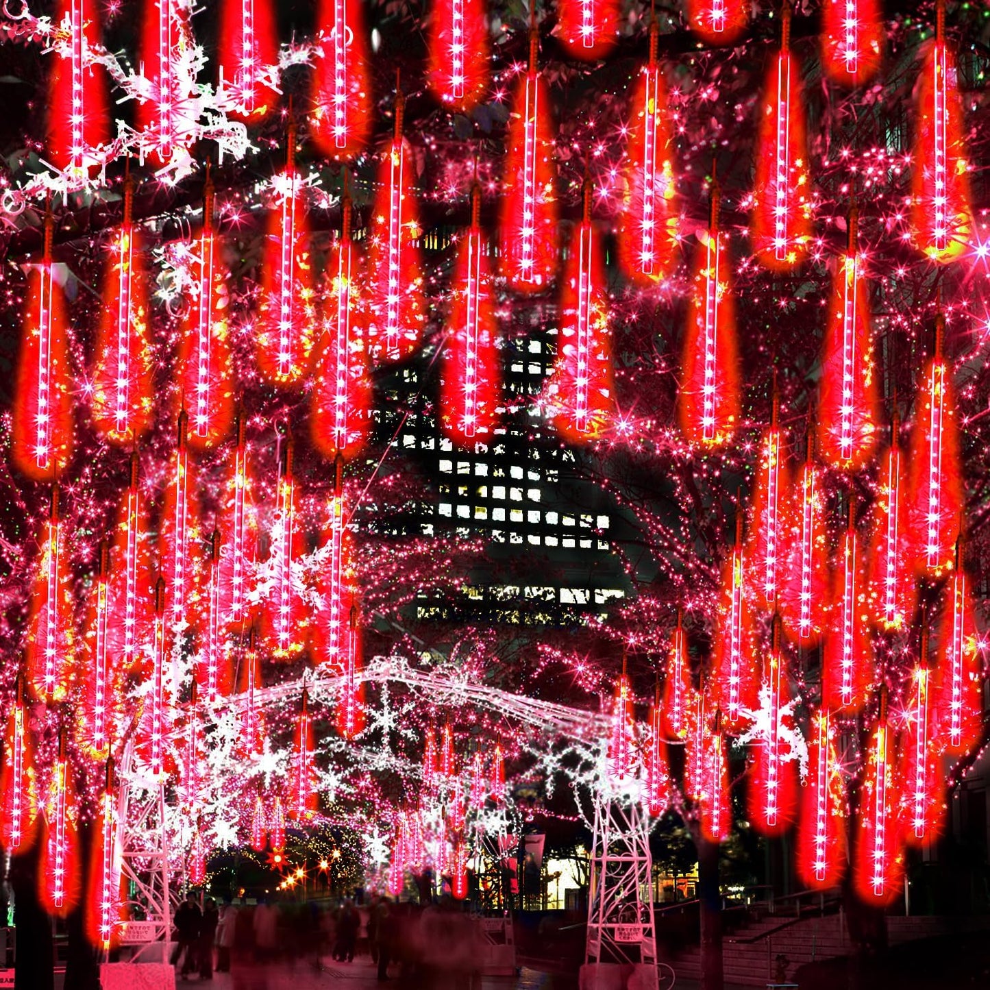 【4 Pack】 Christmas Lights Meteor Shower Rain Lights 20inch, Totally 40 Tube 1440 LEDs Icicle Lights Outdoor Raindrop Lights for Xmas Halloween Wedding Party Tree Holiday Decoration, Red