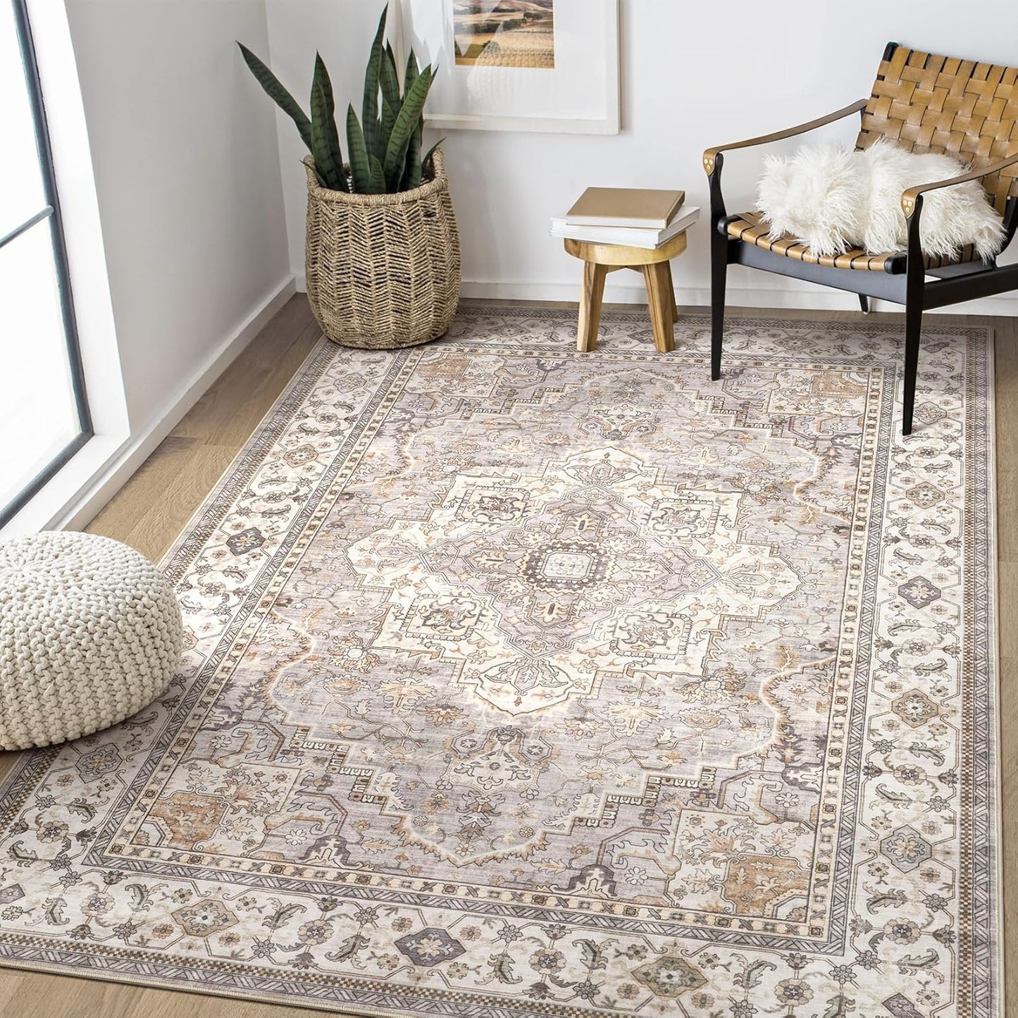 Washable Area Rugs for Living Room - 5x7 Neutral Vintage Distressed Floral Farmhouse Boho Large Soft Floor Rug Indoor Non Slip Carpet for Bedroom Dining Room Office - Grey Brown
