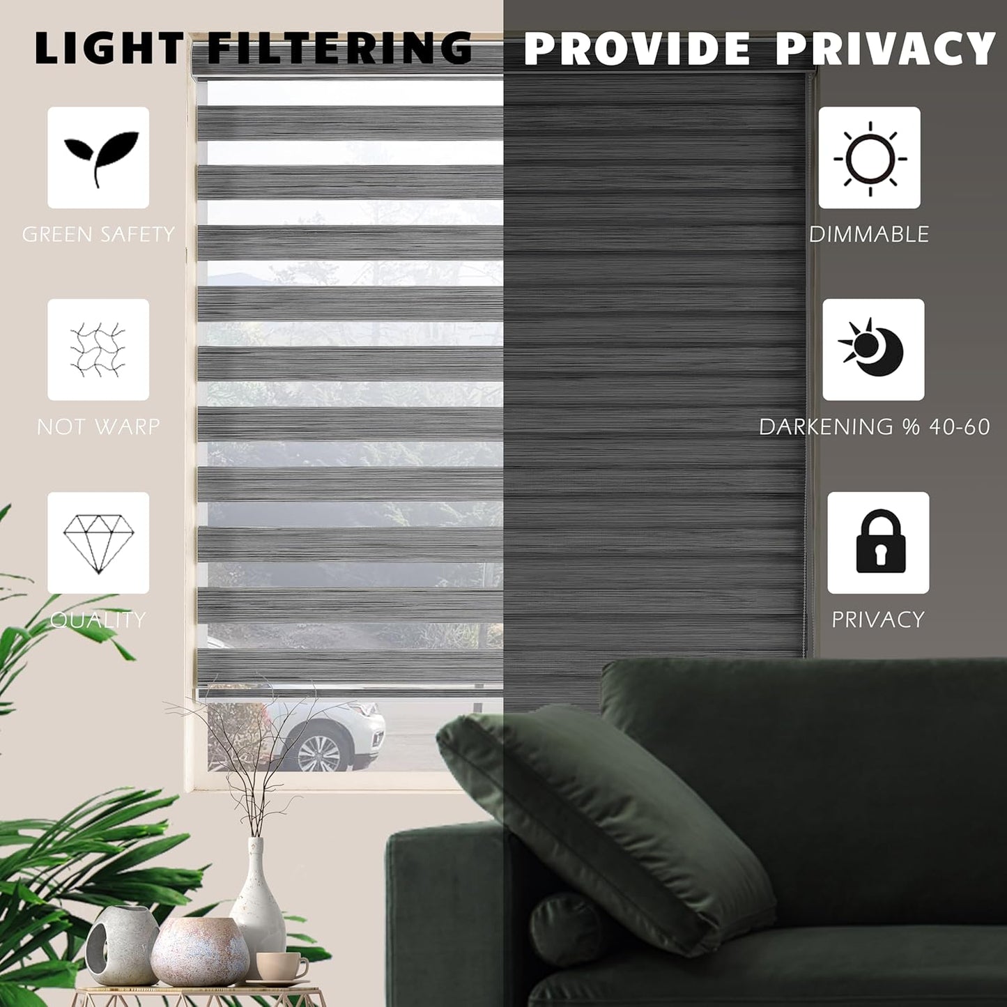 Zebra Blinds for Windows, Free-Stop Zebra Shades, Dual Layer Light Filtering Sheer Blinds for Indoor Windows, Roller Window Shades for Privacy (27" W X 72" H, Grey)