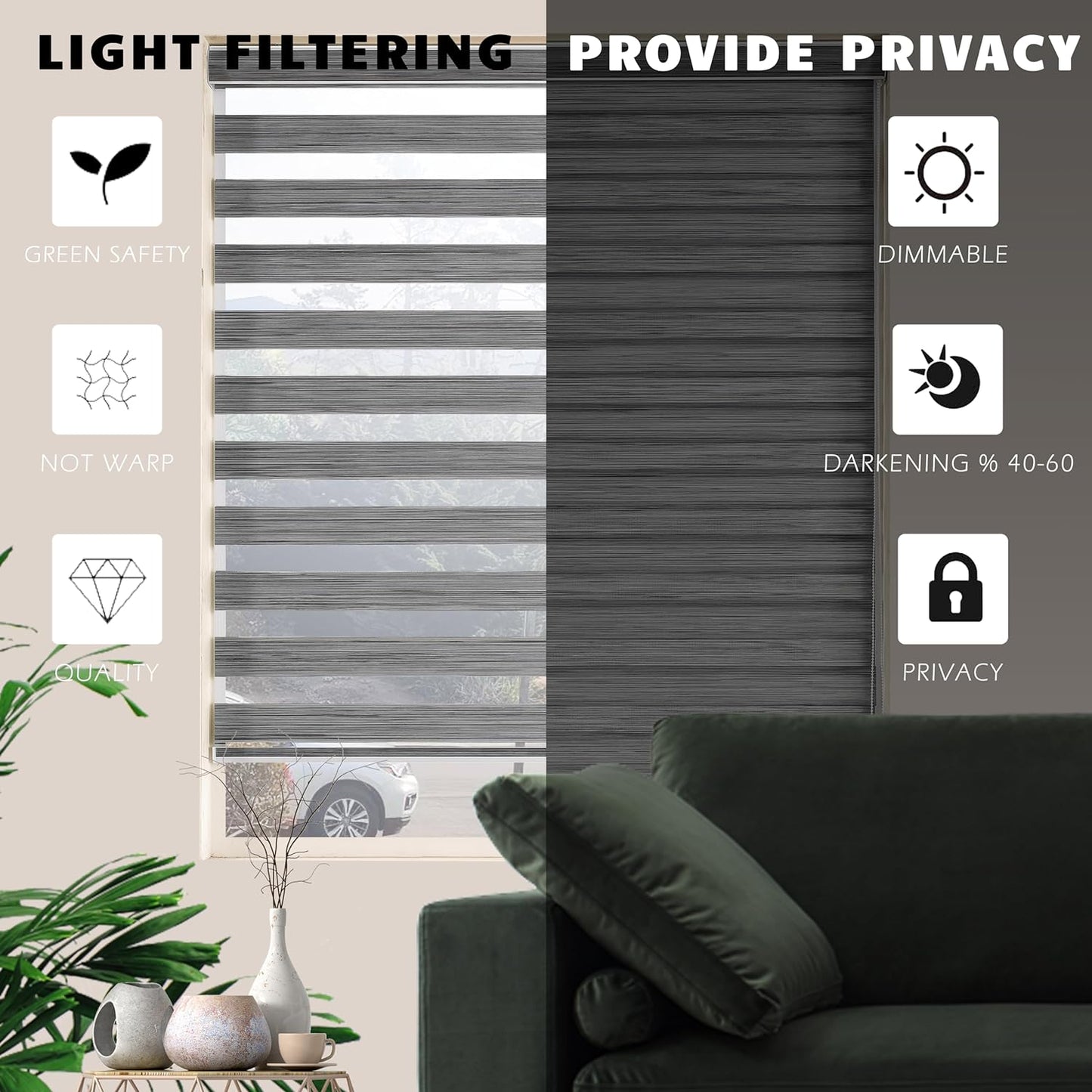 Zebra Blinds for Windows, Free-Stop Zebra Shades, Dual Layer Light Filtering Sheer Blinds for Indoor Windows, Roller Window Shades for Privacy (32" W X 72" H, Grey)