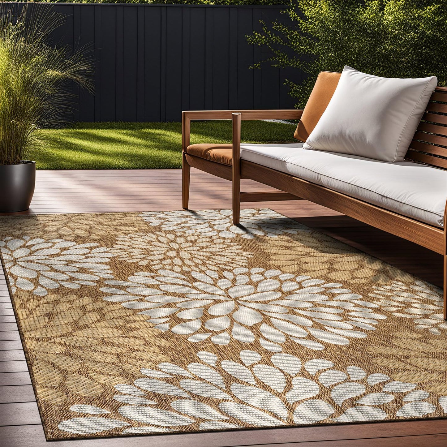 Beverly Rug Outdoor Rug 9x12 Modern Exotic Tropical Leaf Area Rugs for Indoor and Outdoor Patio Deck Porch Garden Water Resistant Washable Outside Carpet (9 x 12 Wooden)