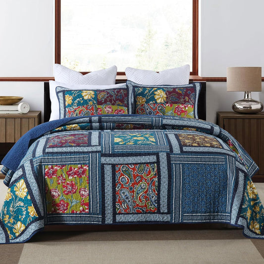 Secgo Queen Comforter Set for Bed - 100% Cotton Quilts Queen Size, Burgundy Bedspreads (90 * 98 Inch) with 2 Pillow Shams, Patchwork Reversible Lightweight Bedding