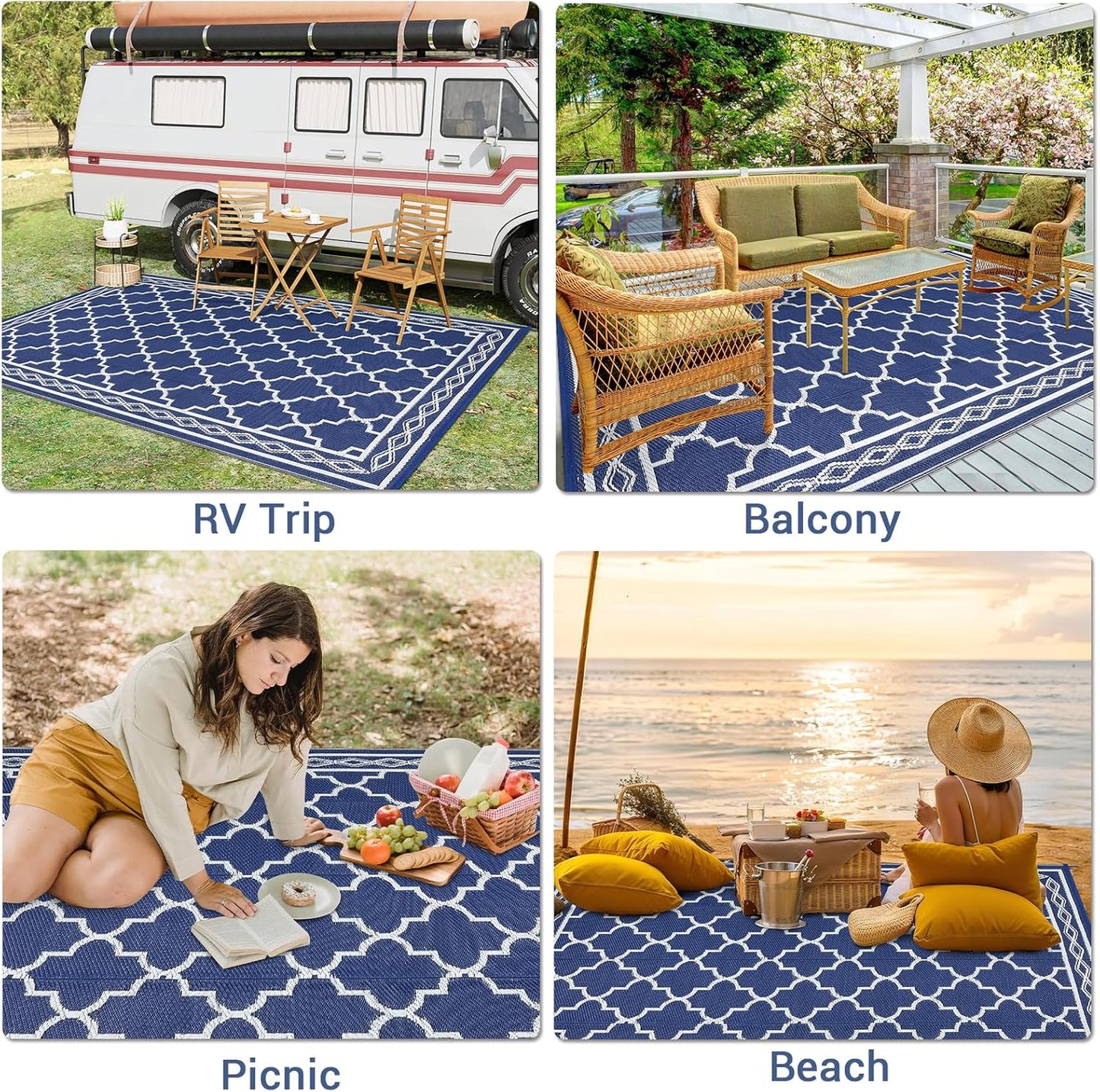 GAOMON Outdoor Rug 9'x12' Waterproof Rug for Patio Decor, Foldable Reversible Plastic Straw Area Rugs Mat for Camper, Outside Carpet for Deck, Porch, Picnic, Beach, Navy/White(Geometric)