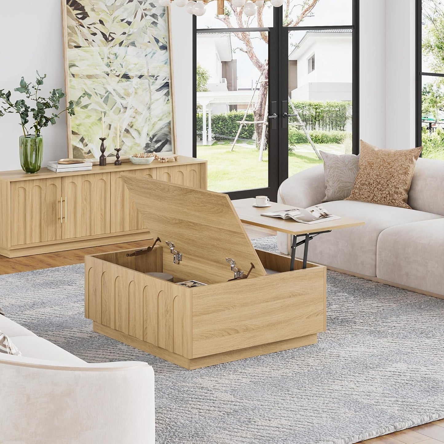 Lift Top Coffee Table with Storage, Modern Coffee Table with Arched Design, 31.5" Square Tea Table with Wood Grain, Boho Multifunctional Center Table for Living Room, Office, Oak