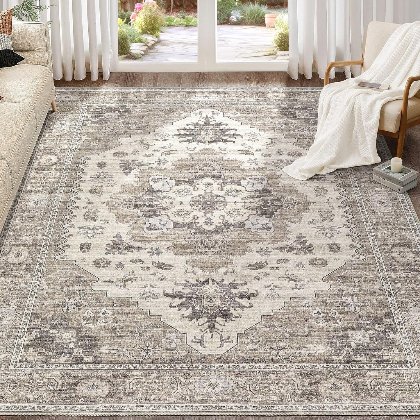 Washable Area Rugs for Living Room -8x10 Neutral Vintage Distressed Floral Farmhouse Boho Large Soft Floor Rug Indoor Non Slip Carpet for Living Room Bedroom Dining Room Office-Brown/Beige