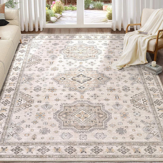 Washable Area Rugs for Living Room -9x12 Neutral Vintage Distressed Floral Farmhouse Boho Large Soft Floor Rug Indoor Non Slip Carpet for Living Room Bedroom Dining Room Office -Beige Brown