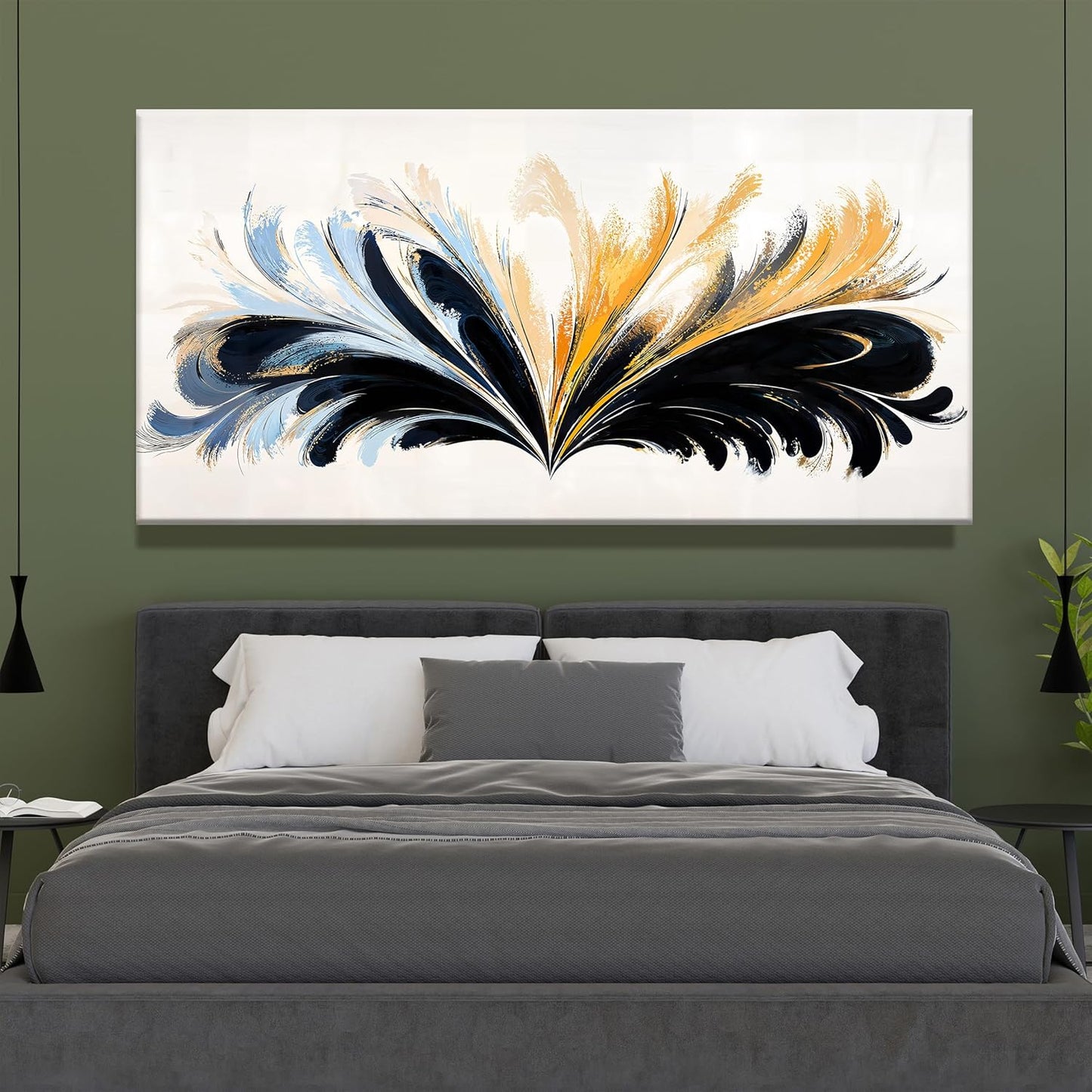 QSQ Large Black And Gold Abstract Wall Art For Living Room Canvas Art Wall Decor Abstract Blue Feather Wall Decor Print Picture For Bedroom Apartment Office Home Wall Decoration 29 X 58 Inch