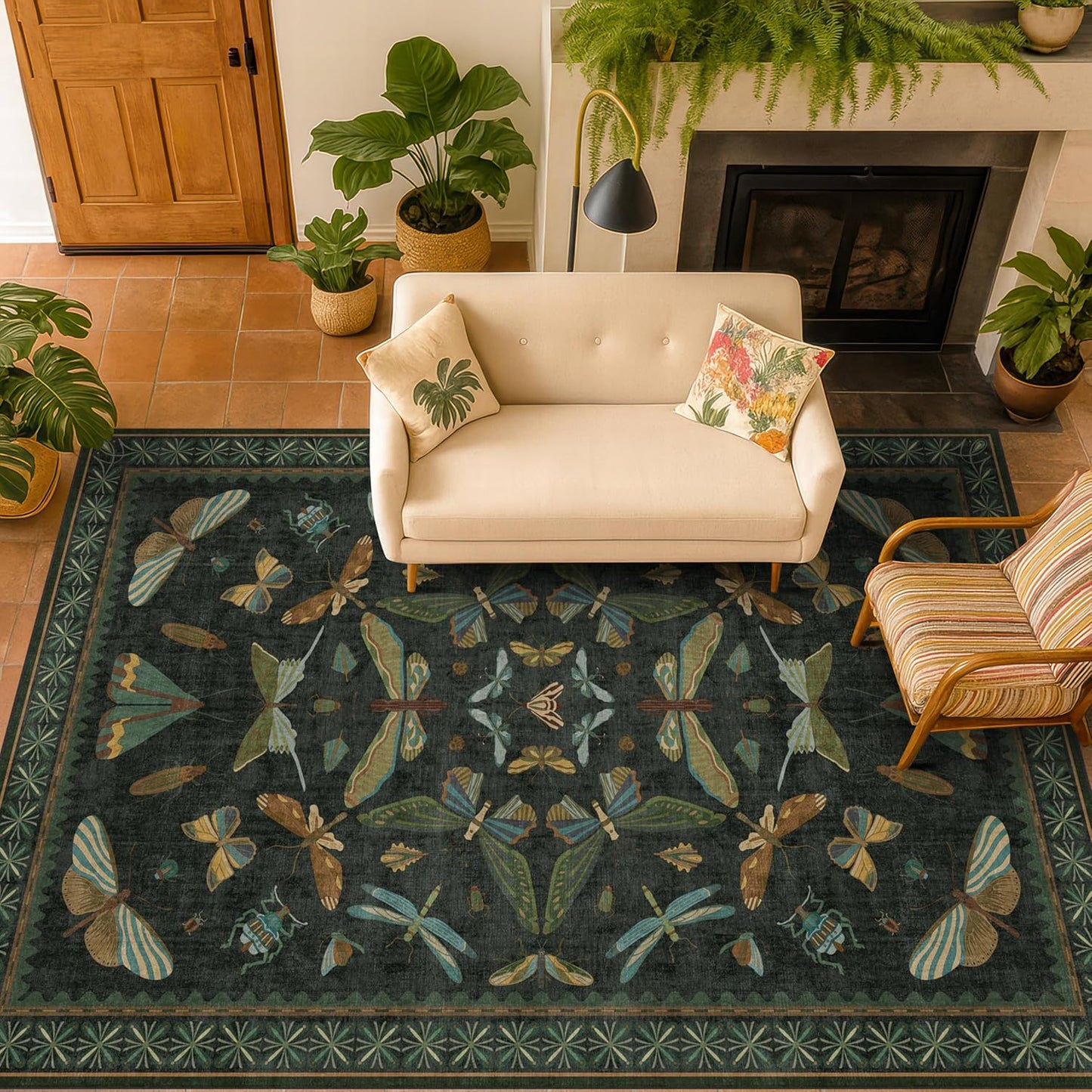 Green Area Rugs 5x7 for Living Room - Fairy Fantasy Moss Rugs for Dining Room Table, Bedroom, Whimsical Insect Boho Moth Décor, Washable Non Skid Soft Carpet