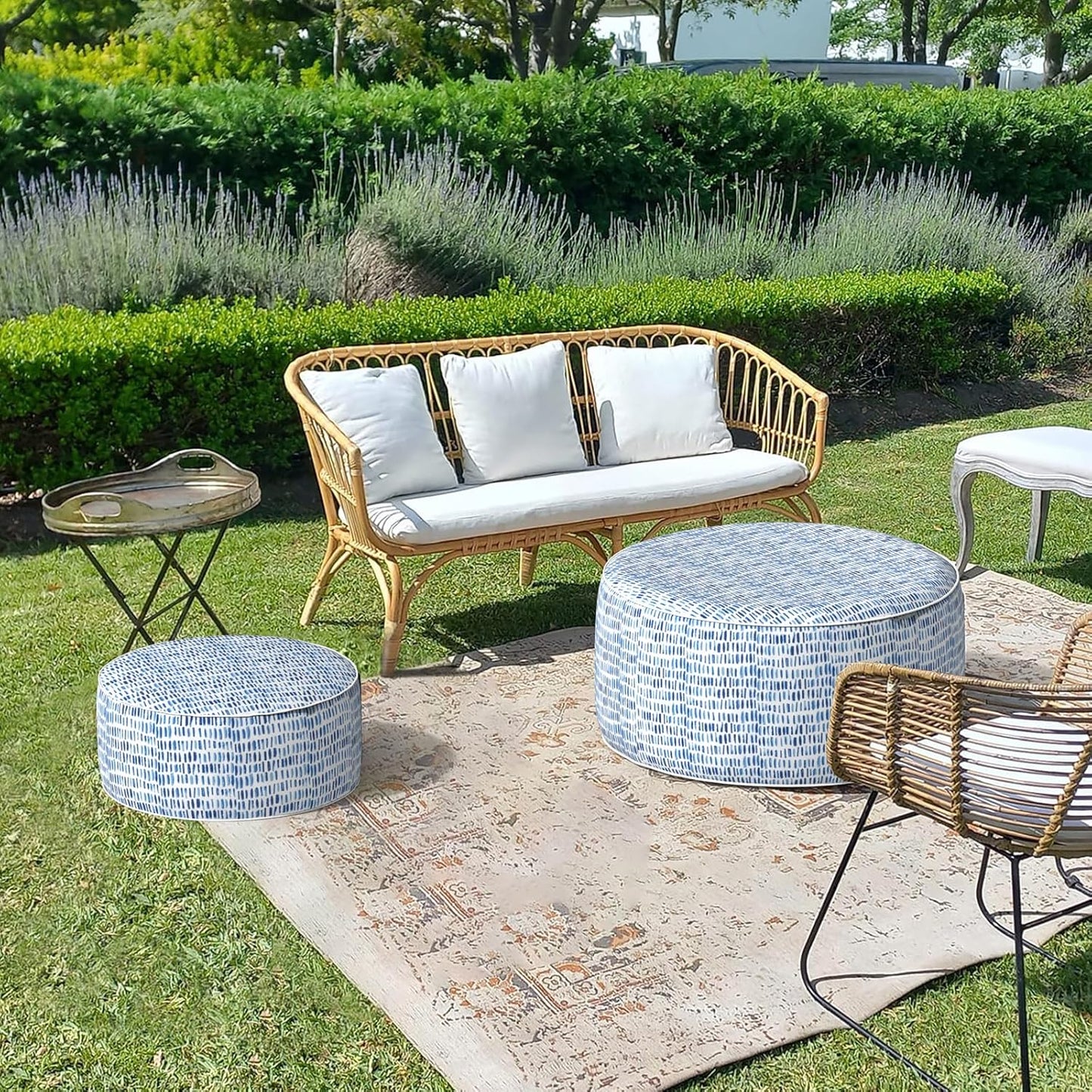 LVTXIII Outdoor Inflatable Ottoman Stool, Patio Water Repellent Footrest Stool with Handle, Portable Outside Round Ottoman for Patio Garden, Camping or Home Use, 21"x21"x9", Blue Pebble