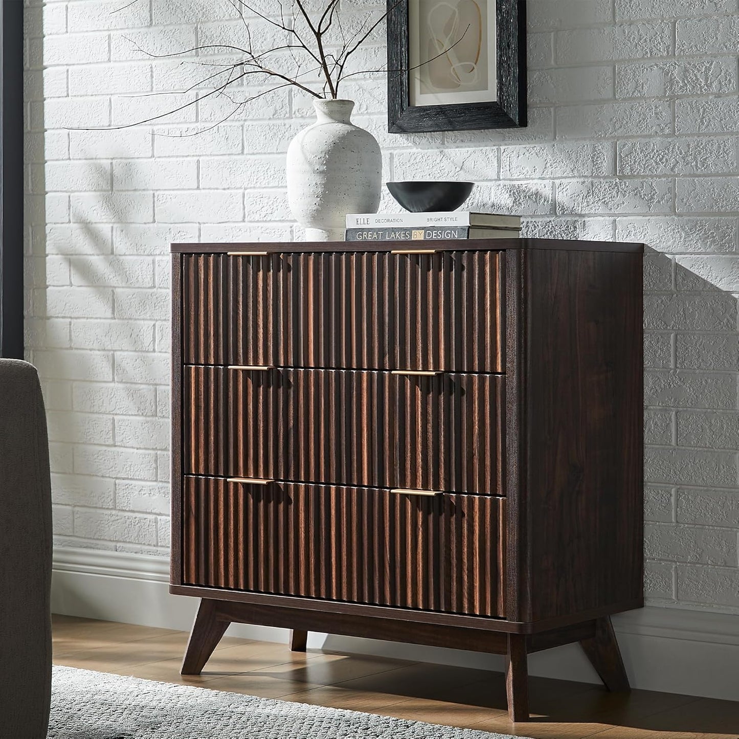 T4TREAM 32" Tall Fluted Nightstand, Modern Side Table, 3 Drawers End Table w/Storage, Bedside Table for Bedroom, Living Room, Curved Profile Design, Dark Walnut