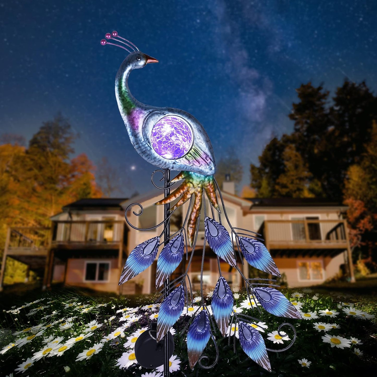 TERESA'S COLLECTIONS Solar Garden Lights Outdoor Garden Decor, Metal Peacock Decorations for Yard, 33'' Purple Decorative Garden Stake for Outside with Crackle Glass Ball, Lawn Party Gifts for Mom