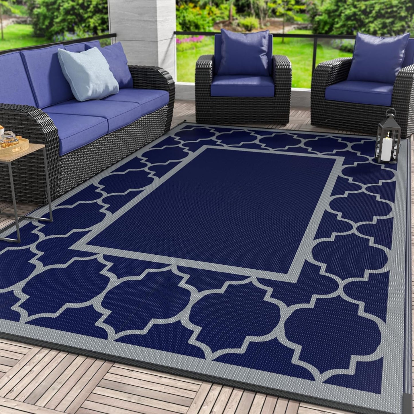GENIMO Outdoor Rug 5' x 8' Patio Waterproof, Foldable Reversible Plastic Straw Area Rugs Mat for Camper Decor, Outside Carpet for Rv, Deck, Porch, Picnic, Beach, Balcony, Blue & Grey