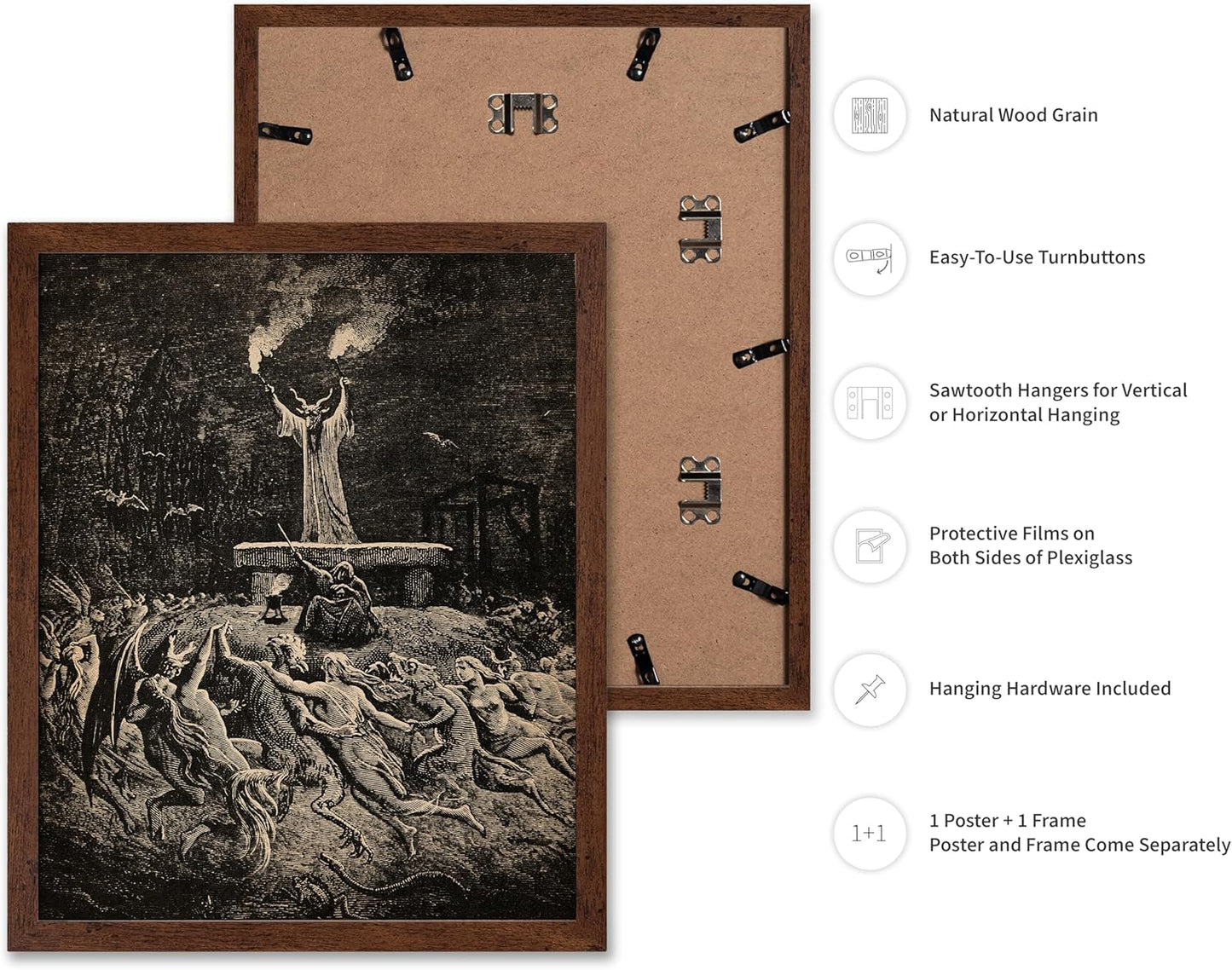 Poster Master Vintage Gustave Dore Poster - Retro Illustration Print - Gift for Gothic, Horror Fan - Dance of Sabbath, Witch, Magic, Spell - Wall Decor for Bedroom, Dorm, 8x10 Brown Framed