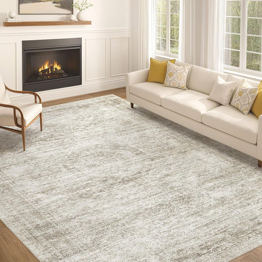 Washable Area Rugs for Living Room -10x12 Neutral Vintage Distressed Floral Farmhouse Boho Large Soft Floor Rug Indoor Non Slip Carpet for Living Room Bedroom Dining Room Office - Beige
