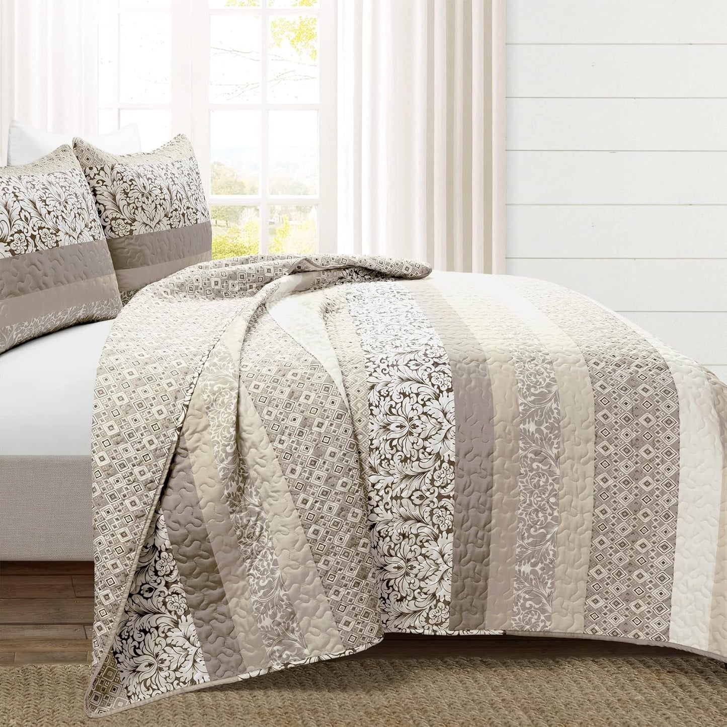 Lush Decor Boho Stripe Reversible Cotton Quilt 3-Piece Set, King, Neutral - Bold Colorful Bohemian Bedding Set