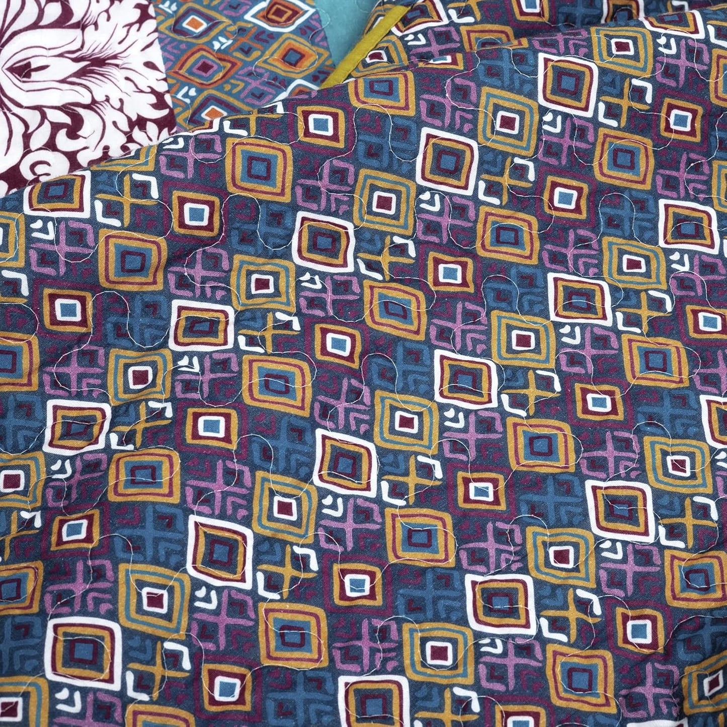 Lush Decor Boho Stripe Reversible Cotton Quilt 3-Piece Set, King, Plum & Yellow - Bold Colorful Bohemian Bedding Set