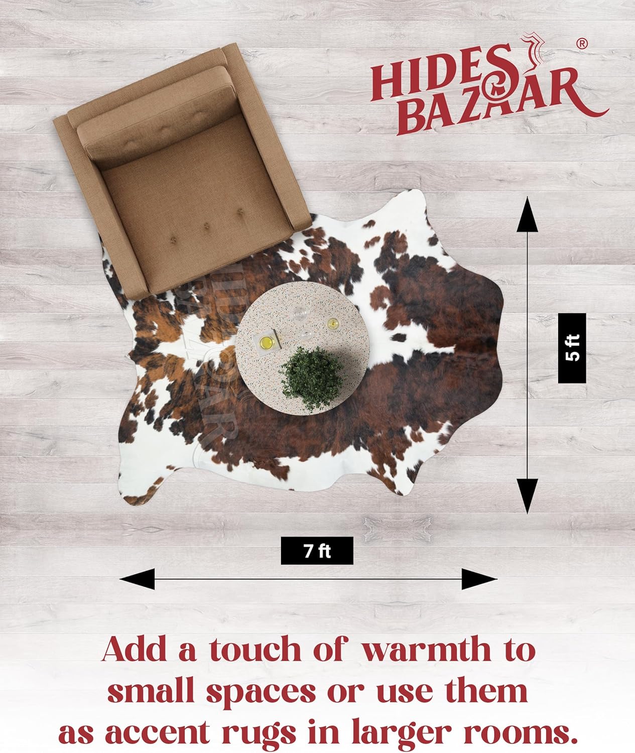 Tricolor Cowhide Rug Classic Brown, Black and White Color Mix, Natural Leather Hide, Area Rug (5x7 ft)