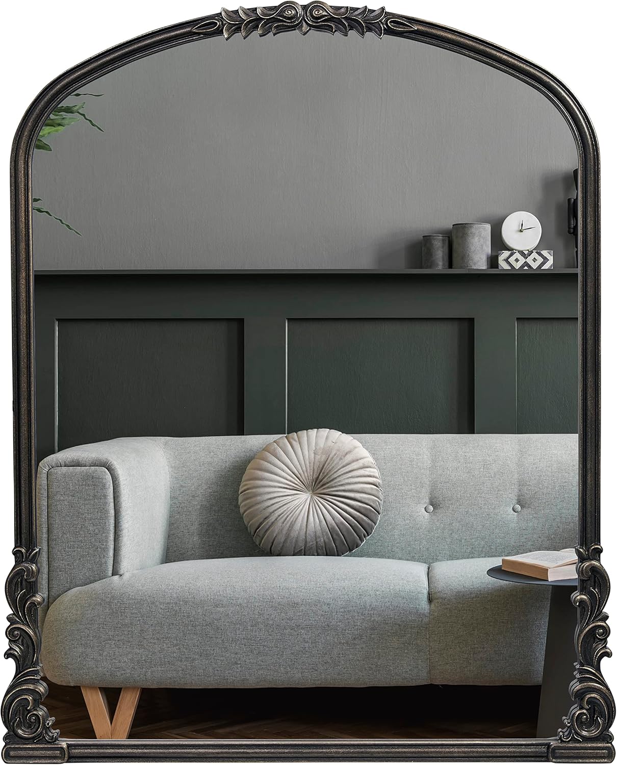 English Estate Carved Arch Wood Wall Mirror, Mirror for Entryway, Living Room, Bathroom, Antique Black, 28.4x35