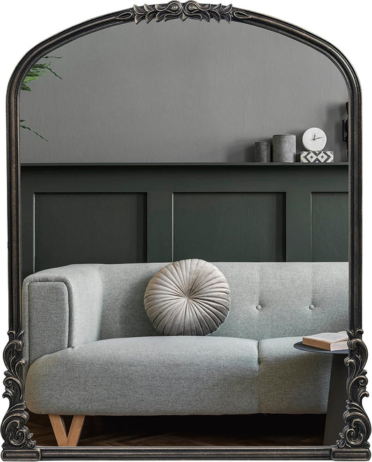 English Estate Carved Arch Wood Wall Mirror, Mirror for Entryway, Living Room, Bathroom, Antique Black, 28.4x35