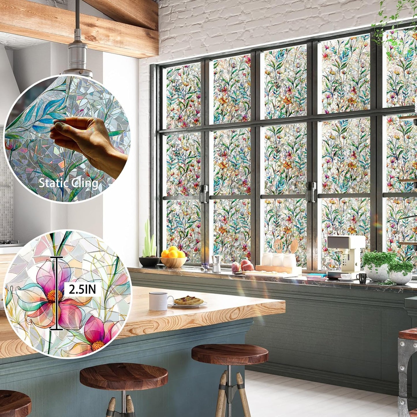 Rainbow Window Privacy Film 3D Floral Decorative Stained Glass Window Film Anti UV Non-Adhesive Reusable 23.6" x 157.4" for Home Room Car Glass Cling