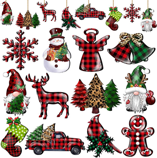 24 Pieces Christmas Wood Ornaments Snowflake Gnome Snowman Truck Wooden Hanging Ornaments Christmas Tree Cutouts Wood Crafts Holiday Decor Xmas Party Supplies (Xmas-Mixed-A)