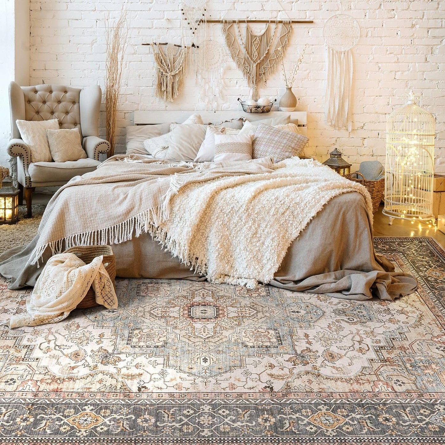 Washable Area Rugs for Living Room - 9x12 Neutral Vintage Distressed Floral Farmhouse Boho Large Soft Floor Rug Indoor Non Slip Carpet for Bedroom Dining Room Office -Forest Green Orange