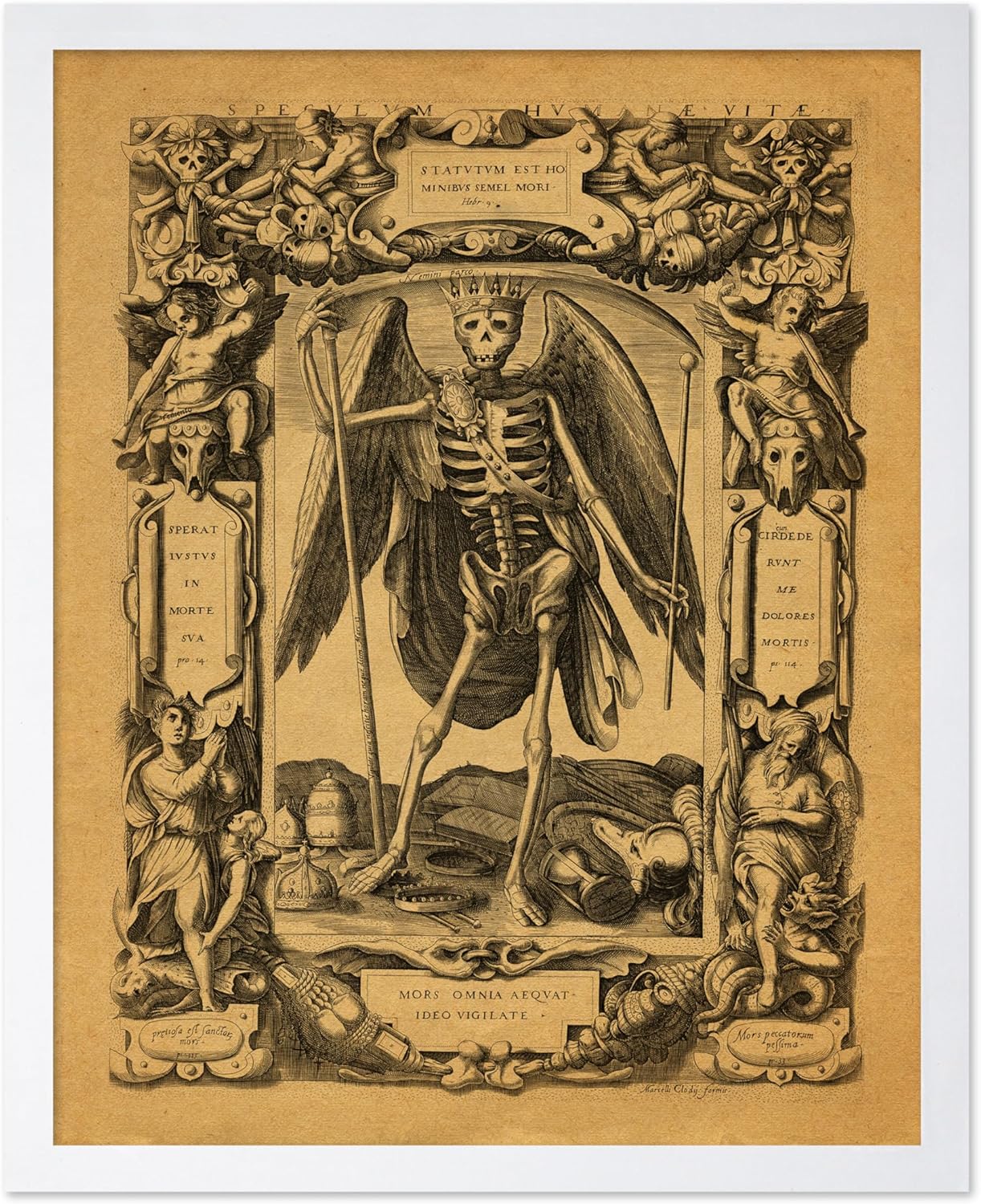 Poster Master Vintage Medieval Poster - Retro Gothic Print - Gift for Artist, Friend - Angel of Death, Memento Mori, Life, Skeleton, Dark - Wall Decor for Home, Living Room, 16x20 White Framed