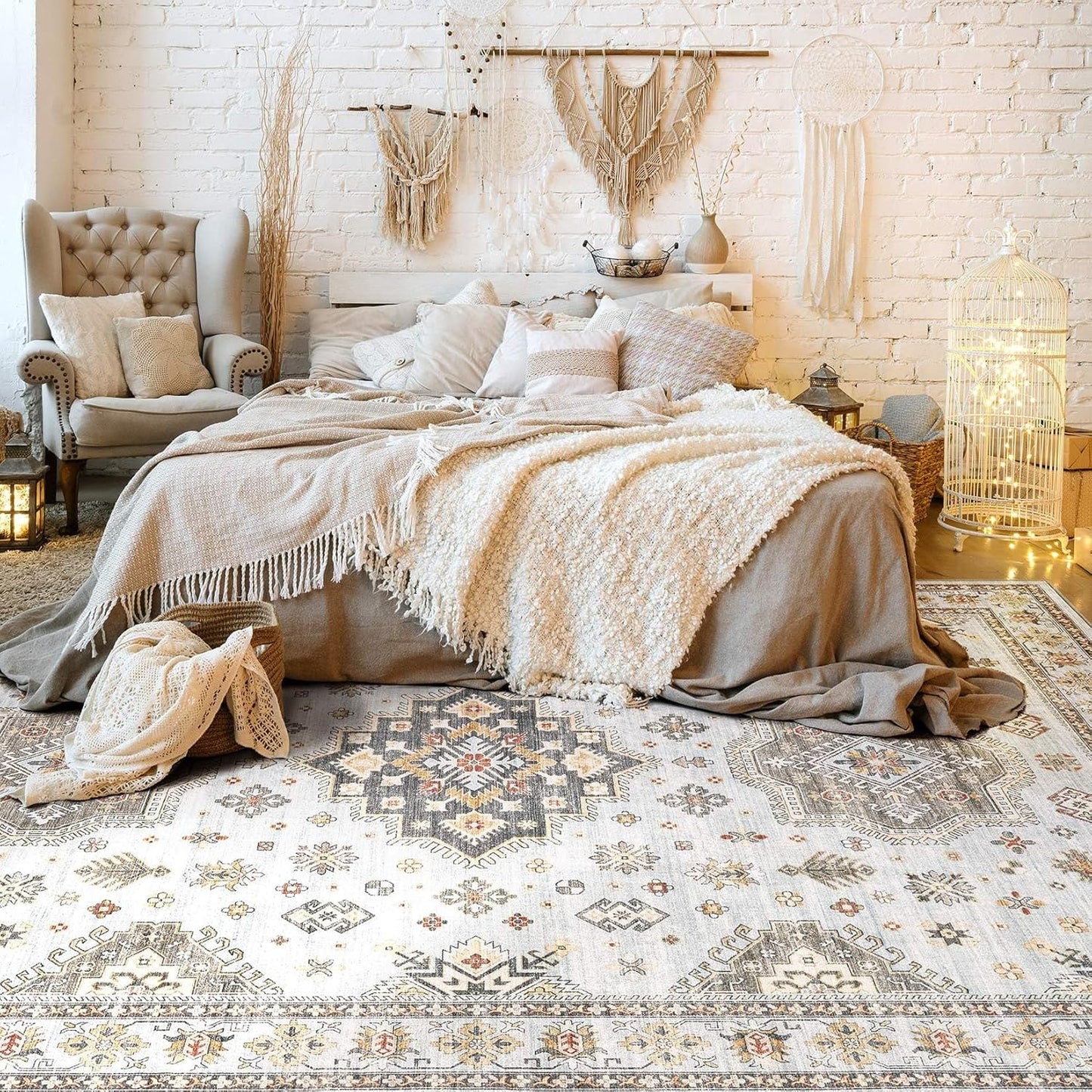 Washable Area Rugs for Living Room - 7x9 Neutral Vintage Distressed Floral Farmhouse Boho Large Soft Floor Rug Indoor Non Slip Carpet for Living Room Bedroom Dining Room Office - Blue Brown