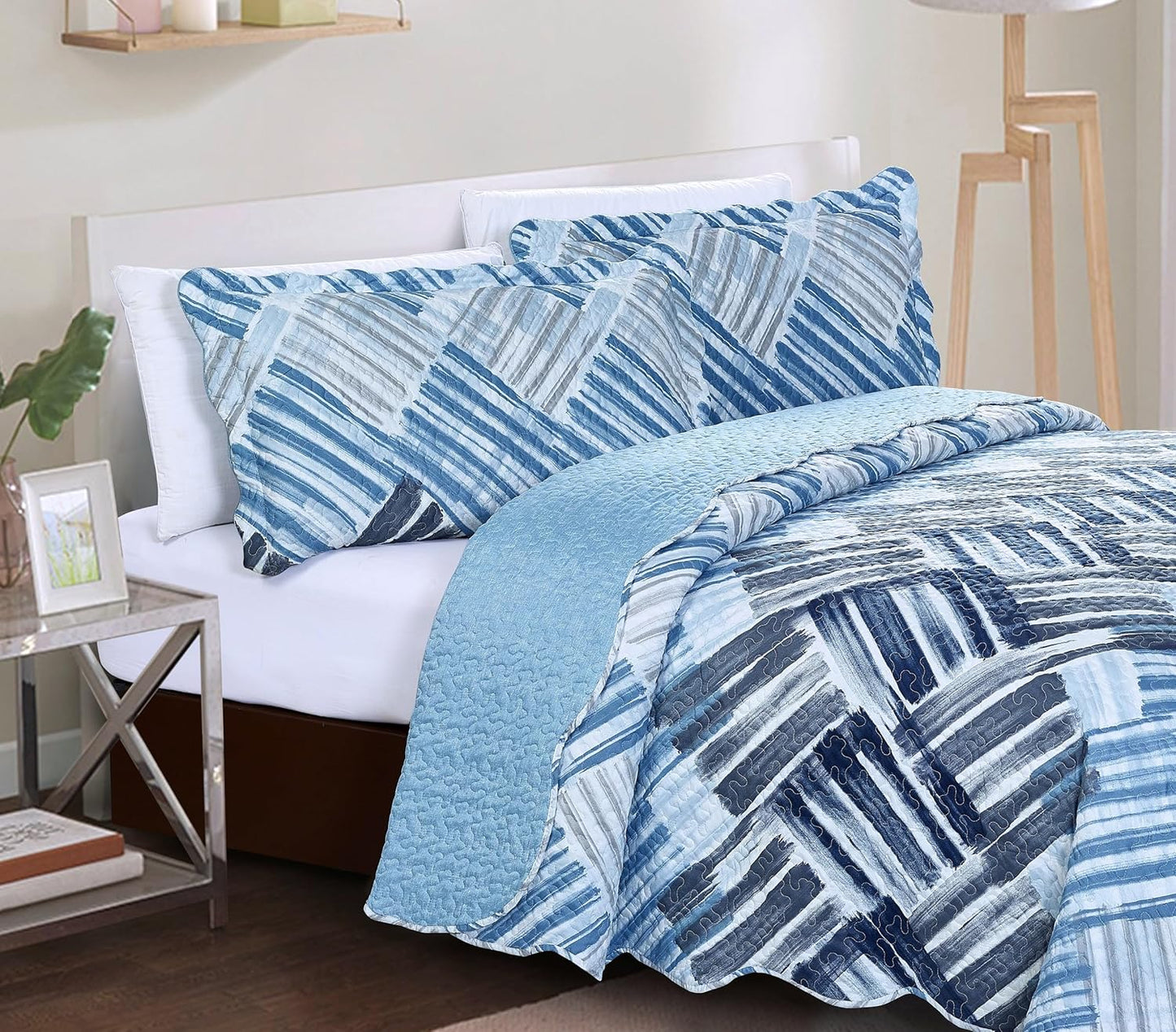 Brilliant Sunshine Blue and Grey Stripe Blocks Patchwork, 3-Piece Quilt Set with 2 Shams, Reversible Bedspread, Soft Lightweight Coverlet, All-Season, King, Blue Grey
