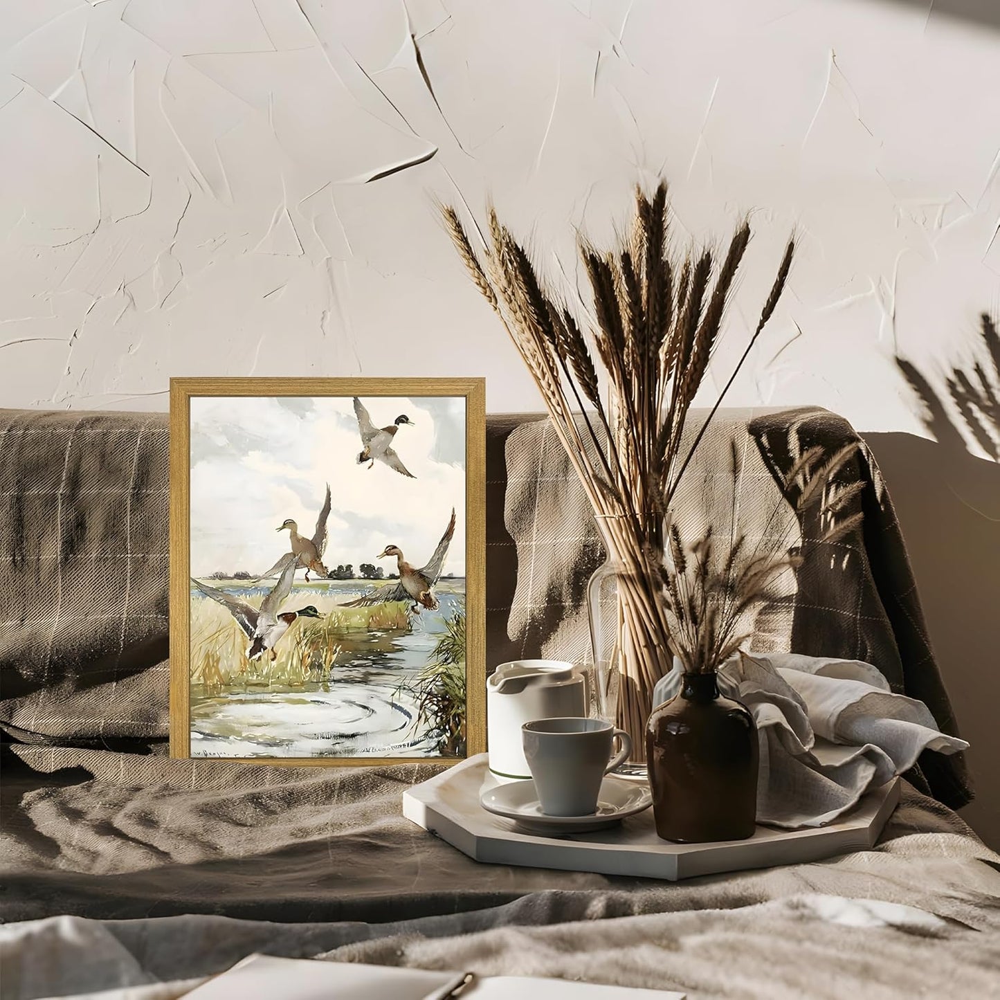 Framed Vintage Duck Wall Art Print, Rustic Mallard Watercolor Canvas Poster Wall Decor, Country Wildlife Bird Illustration for Farmhouse Living Room Kitchen Bedroom Decor 12x16 Inch