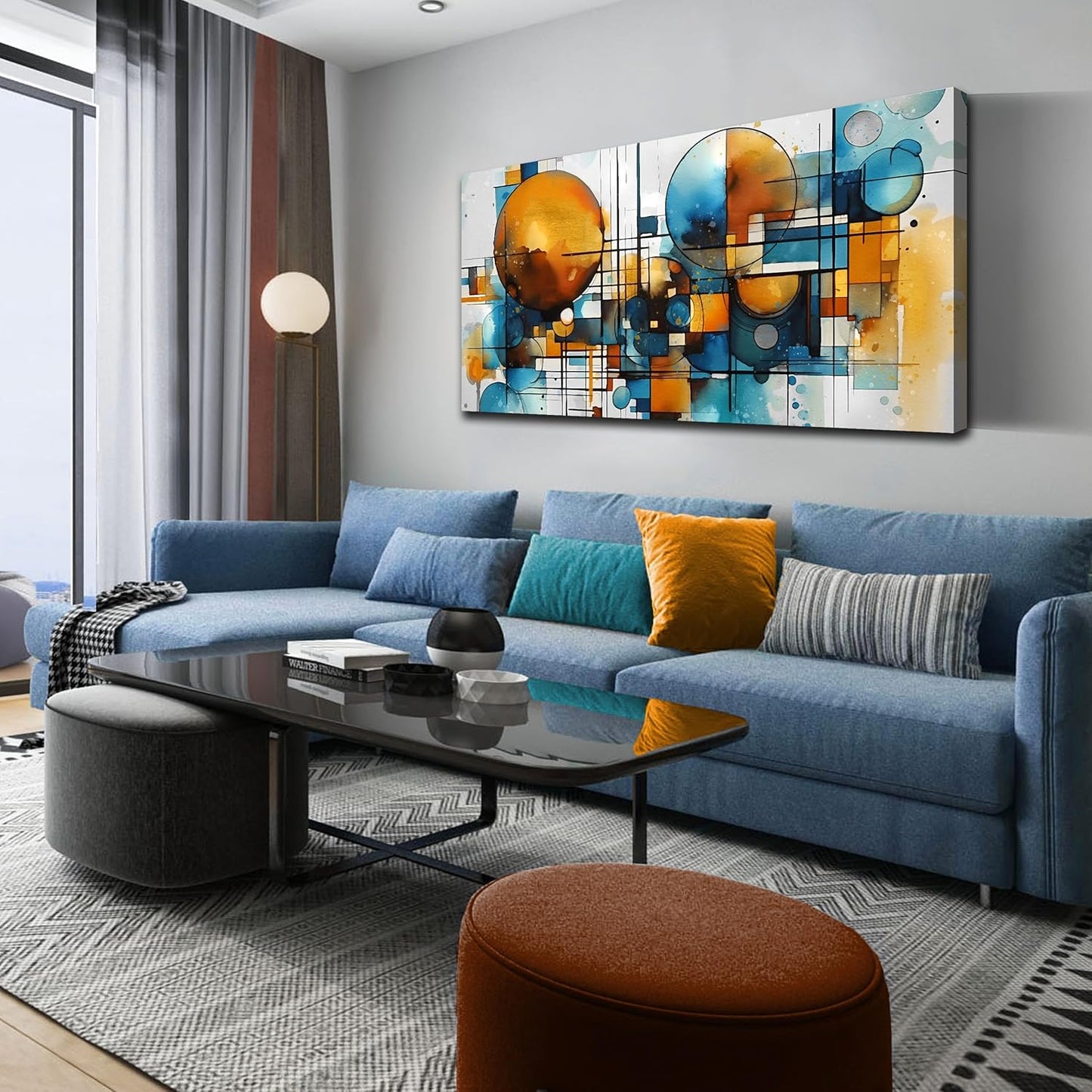 ENTANUB Abstract Canvas Wall Art for Living Room, Circle Wall Decor for Bedroom, Orange and Blue Canvas Print Paintings Artwork, Size 24x48 Inches