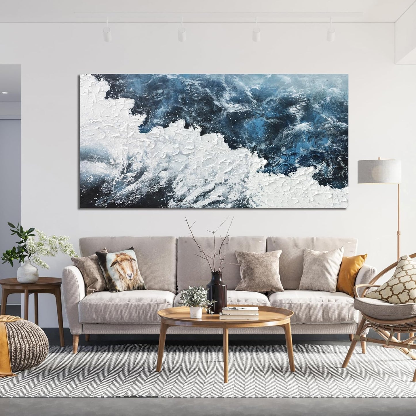 Abstract Wall Art Decor Abstract Canvas Wall Pictures for Living Room Large Blue White Wall Art Prints Beach Wave Artwork for Walls Coastal Modern Wall Art Decorations Home Office Wall Art Decor 24" X 48"