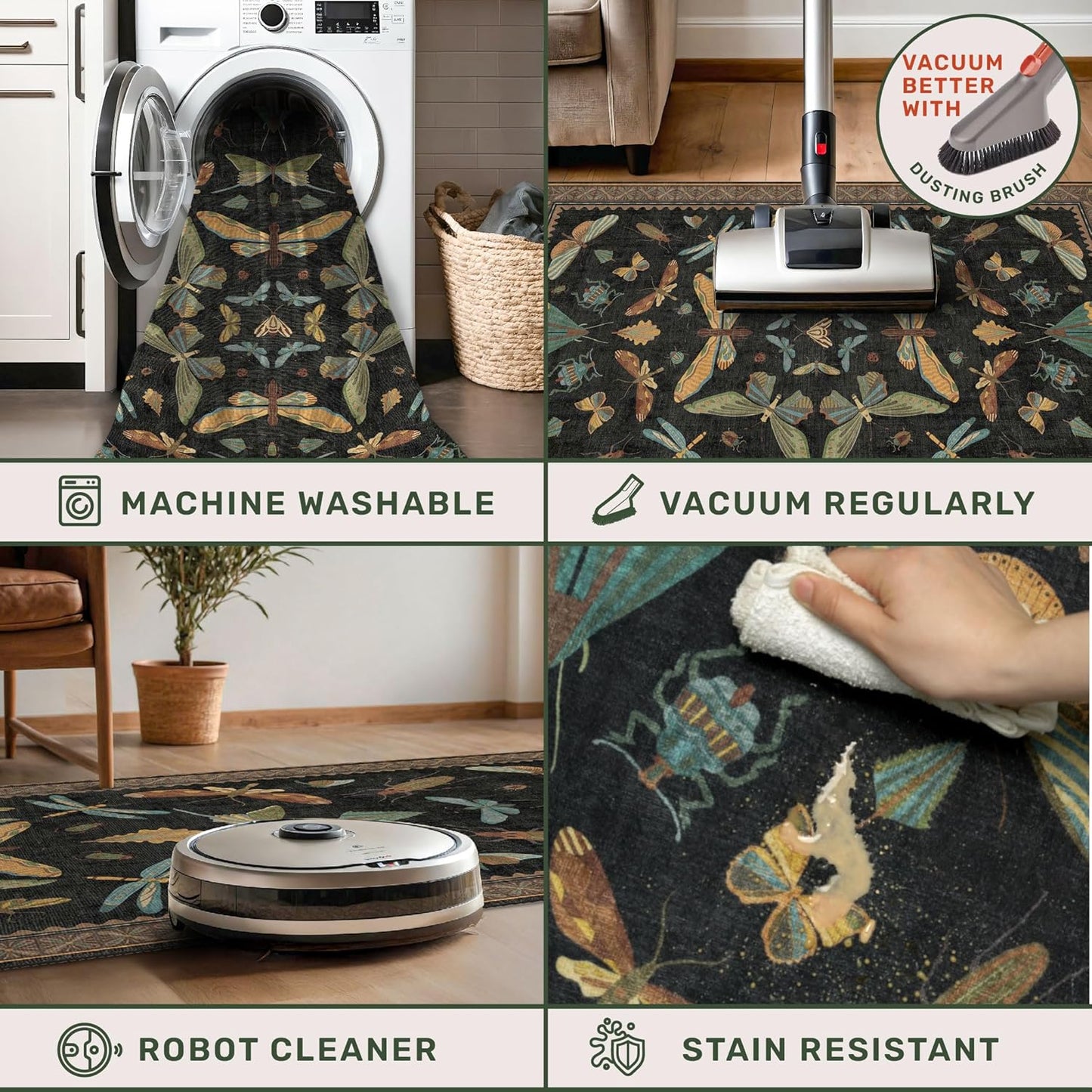 Living Room Rug Black Boho 6x9 - Dining Room Rugs for Under Table, Bedroom, Insect Bug Eclectic Home Décor, Washable Non Slip Foldable