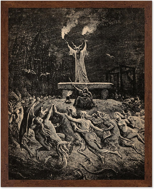 Poster Master Vintage Gustave Dore Poster - Retro Illustration Print - Gift for Gothic, Horror Fan - Dance of Sabbath, Witch, Magic, Spell - Wall Decor for Bedroom, Dorm, 11x14 Brown Framed