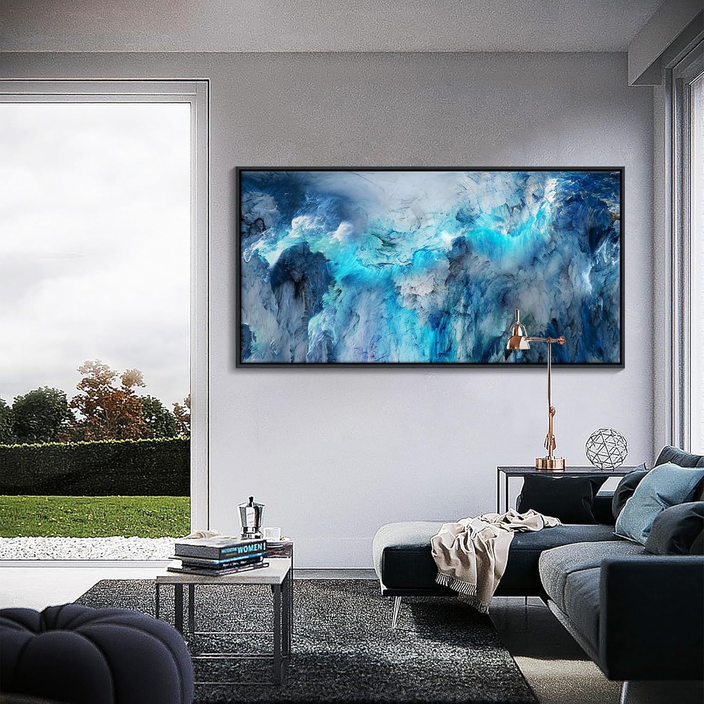 Mofutinpo Framed Abstract Canvas Wall Art | Modern Blue Contemporary Painting for Living Room, Bedroom, and Office | Large Abstract Artwork 58x29 Inches | artwork for walls