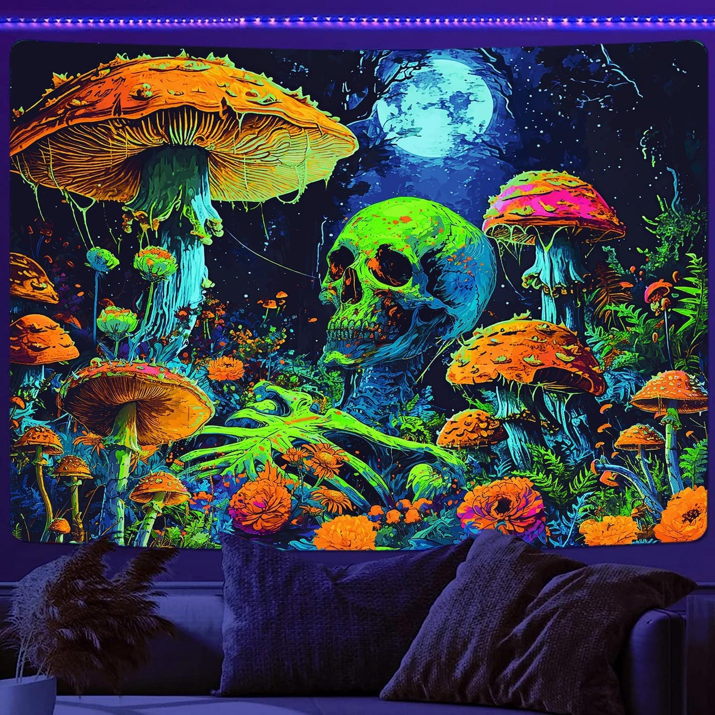 Xiaoput Blacklight Skull, Black Light Skeleton, UV Reactive Neon Gothic Tapestry for Bedroom, Glow in Dark Trippy Forest Wall Hanging, 40X30IN