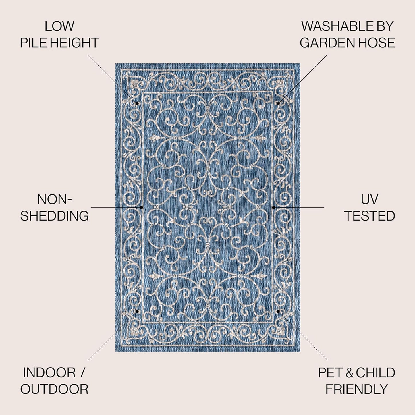 JONATHAN Y Vintage Filigree Indoor Outdoor Area Rug 9X12 Navy/Gray, Charleston Textured Weave for Backyard, Patio, Porch, Easy-Cleaning, High Traffic, Pet-Friendly, Non-Shedding (SMB106D-9)