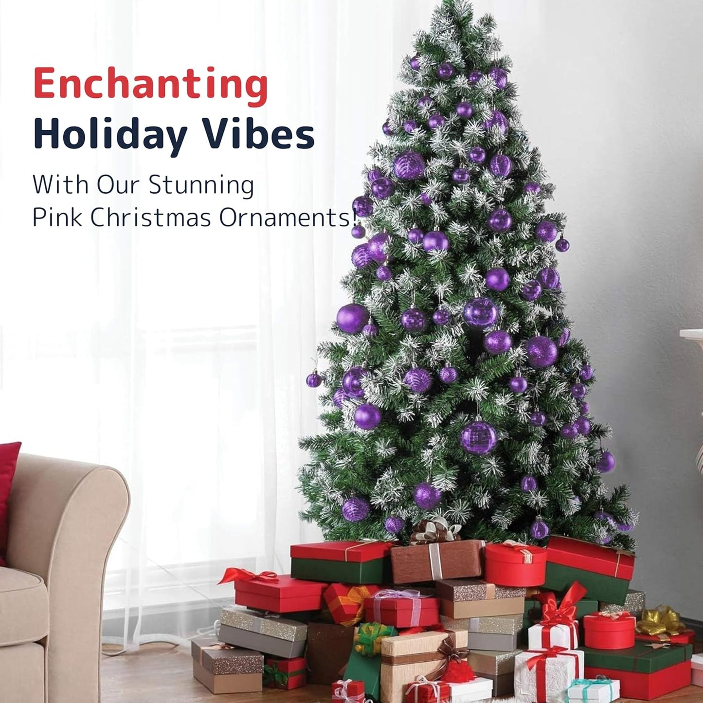 PREXTEX 36-Piece Purple Christmas Ornaments Set - Shatterproof Plum Colored Tree Balls - 6 Styles, 3 Sizes with Hanging Loops to Decorate Christmas Tree - Ideal for Indoor and Outdoor Holiday Decor