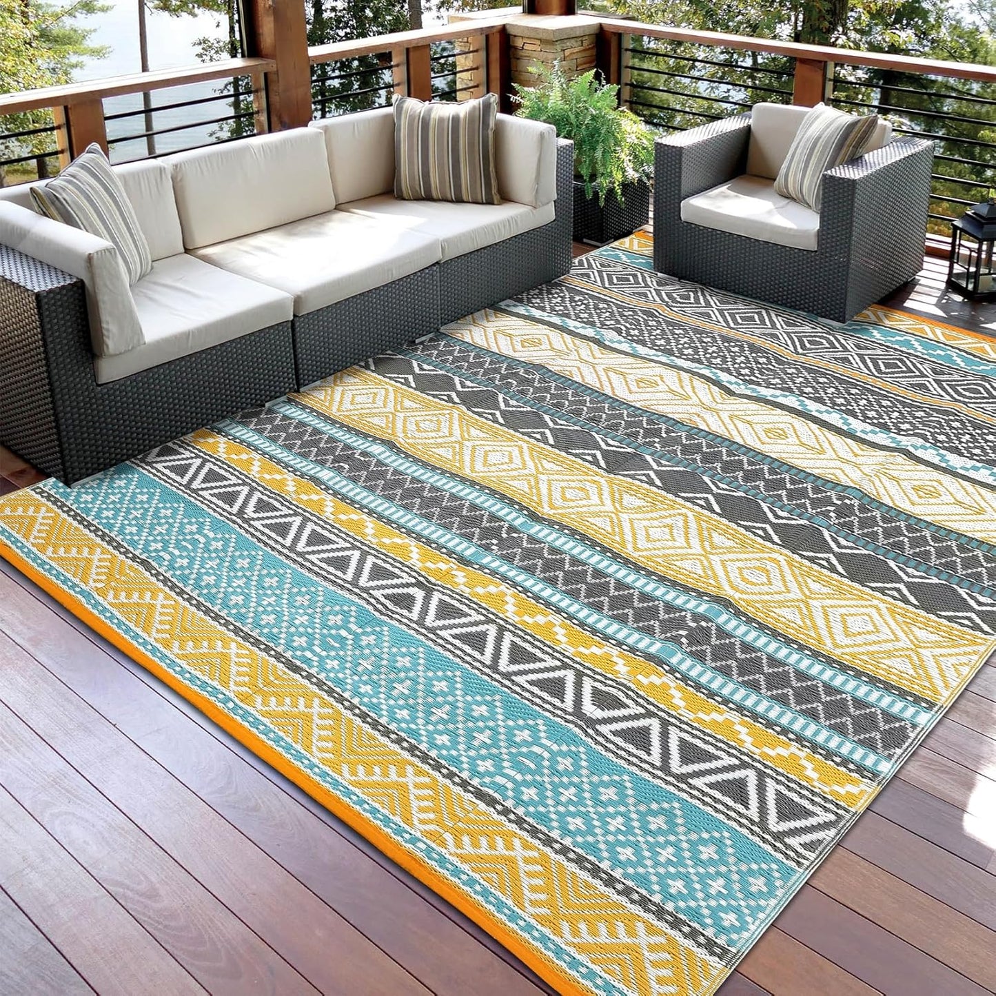GAOMON Outdoor Rug 9'x12' Waterproof Rug for Patio Decor, Foldable Reversible Plastic Straw Area Rugs Mat for Camper, Outside Carpet for Deck, Porch, Picnic, Beach, Teal/Yellow(Bohemia)