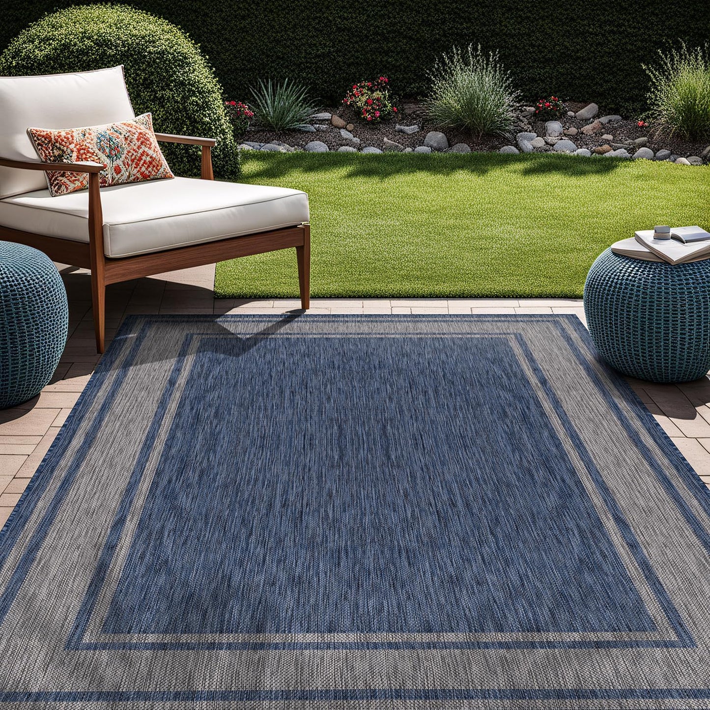 Beverly Rug Large Outdoor Rug 10x14 Modern Bordered Area Rugs for Indoor and Outdoor Patio Deck Porch Garden Waterproof Weather Sun Resistant Washable Outside Carpet (10 x 14 Navy)
