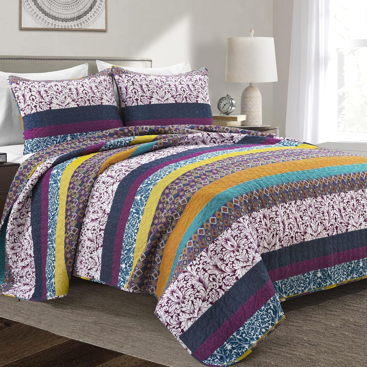 Lush Decor Boho Stripe Reversible Cotton Quilt 3-Piece Set, King, Plum & Yellow - Bold Colorful Bohemian Bedding Set