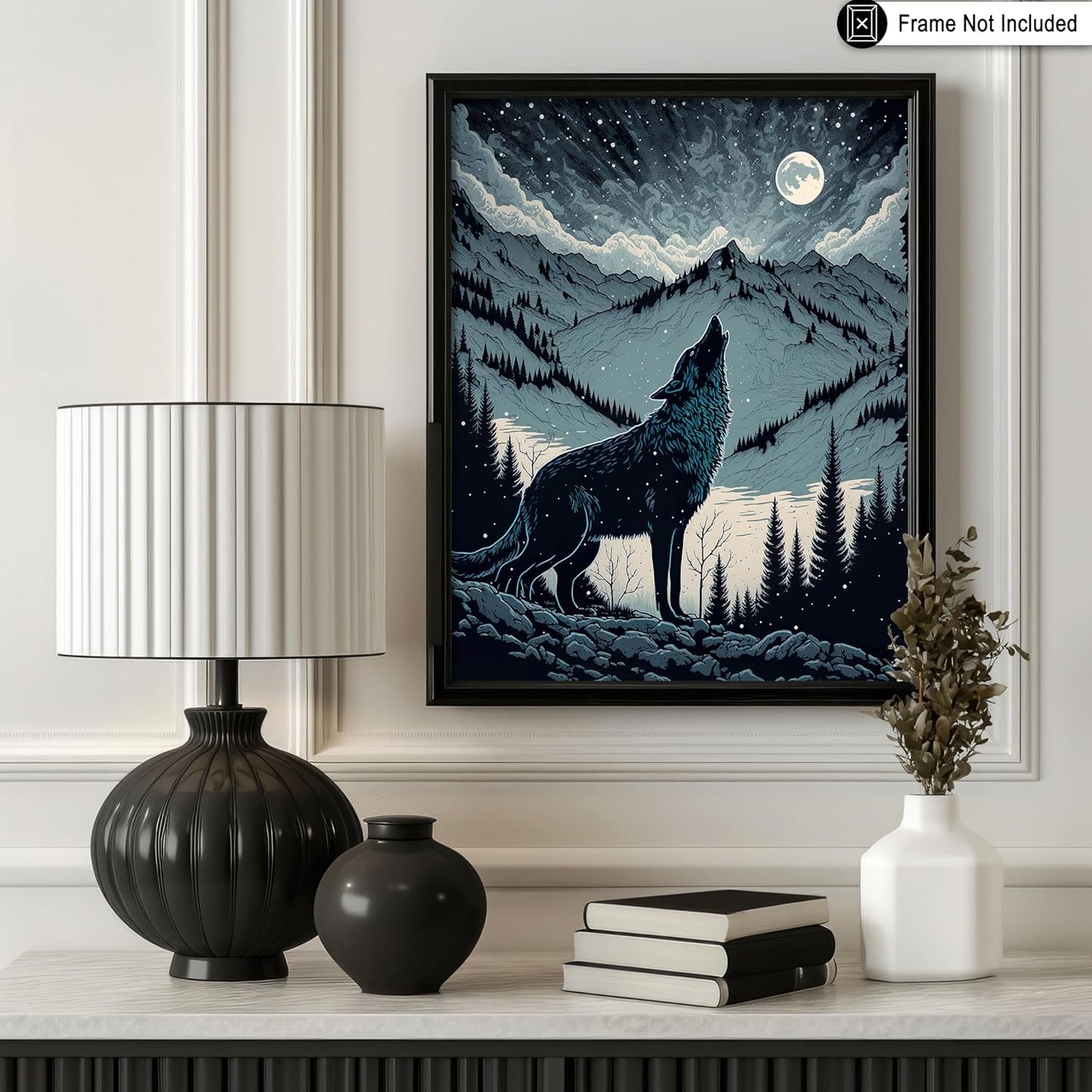 Poster Master Howling Wolf Poster - Moon Print - Mountain Art - Wolf & Moon Art - Gift for Men, Women & Animal Lover - Landscape Decor for Bedroom, Living Room or Kid's Room - 16x20 UNFRAMED Wall Art