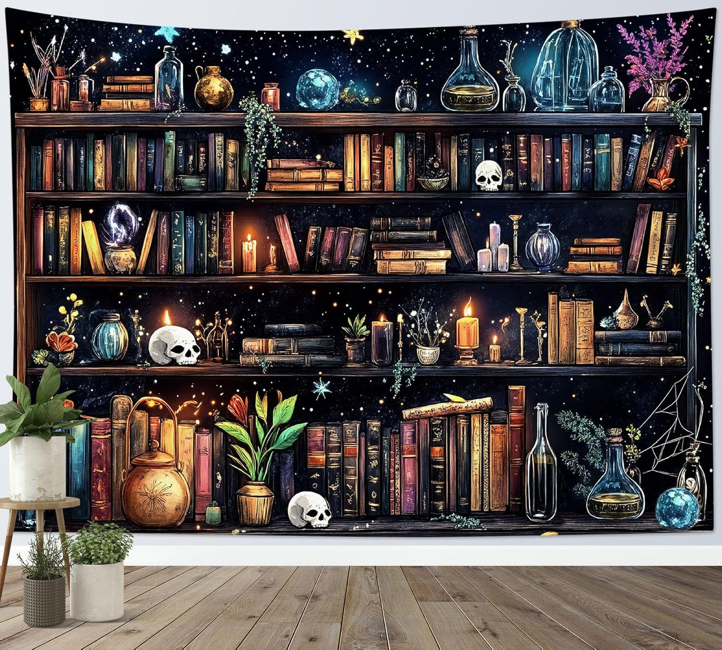 HVEST Magic Bookshelf Tapestry Vintage Bookshelf Witchy Books Plant Skull Gothic Halloween Tapestry Wall Hanging Starry Sky Wall Decor for Bedroom Living Room Dorm, 40L x 60W Inches