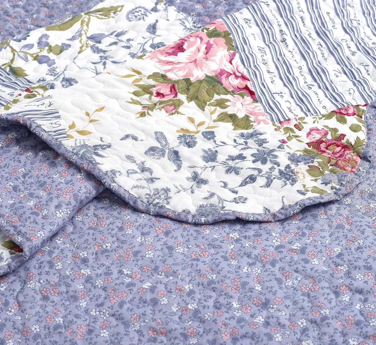 Brilliant Sunshine Rose Violet Patchwork, 3-Piece Quilt Set with 2 Shams, Reversible Bedspread, Soft Lightweight Coverlet, All-Season, King, Rose Violet