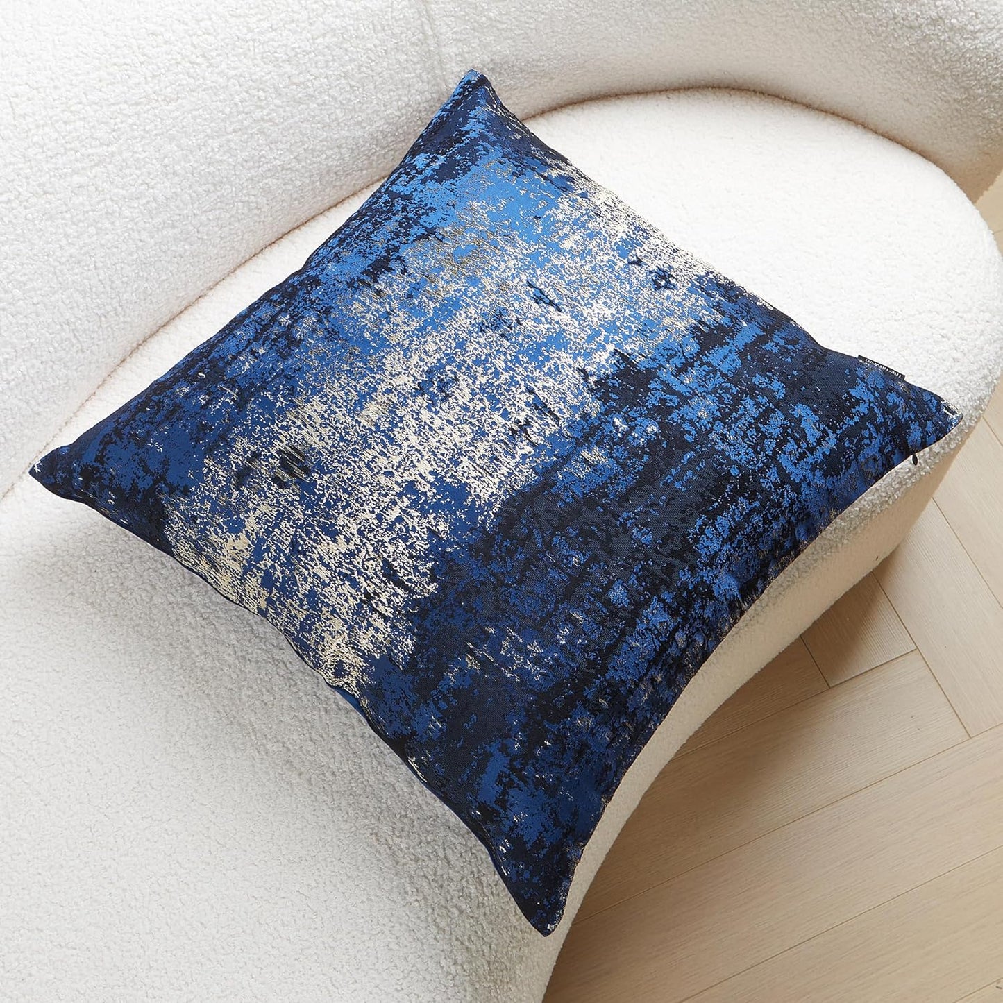 THE-TINOART Navy Gold Jacquard Accent Pillow Cover 18x18 - Reversible Design with Gold Thread Embroidery, Luxury Velvet Back for Sofa & Bed Decor