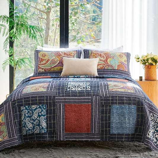 Secgo King Size Comforter Set- 100% Cotton Quilt King Size Set, Black bedspreads (96 * 108 Inch) with 2 Pillow Shams, Patchwork Reversible Lightweight Bedding