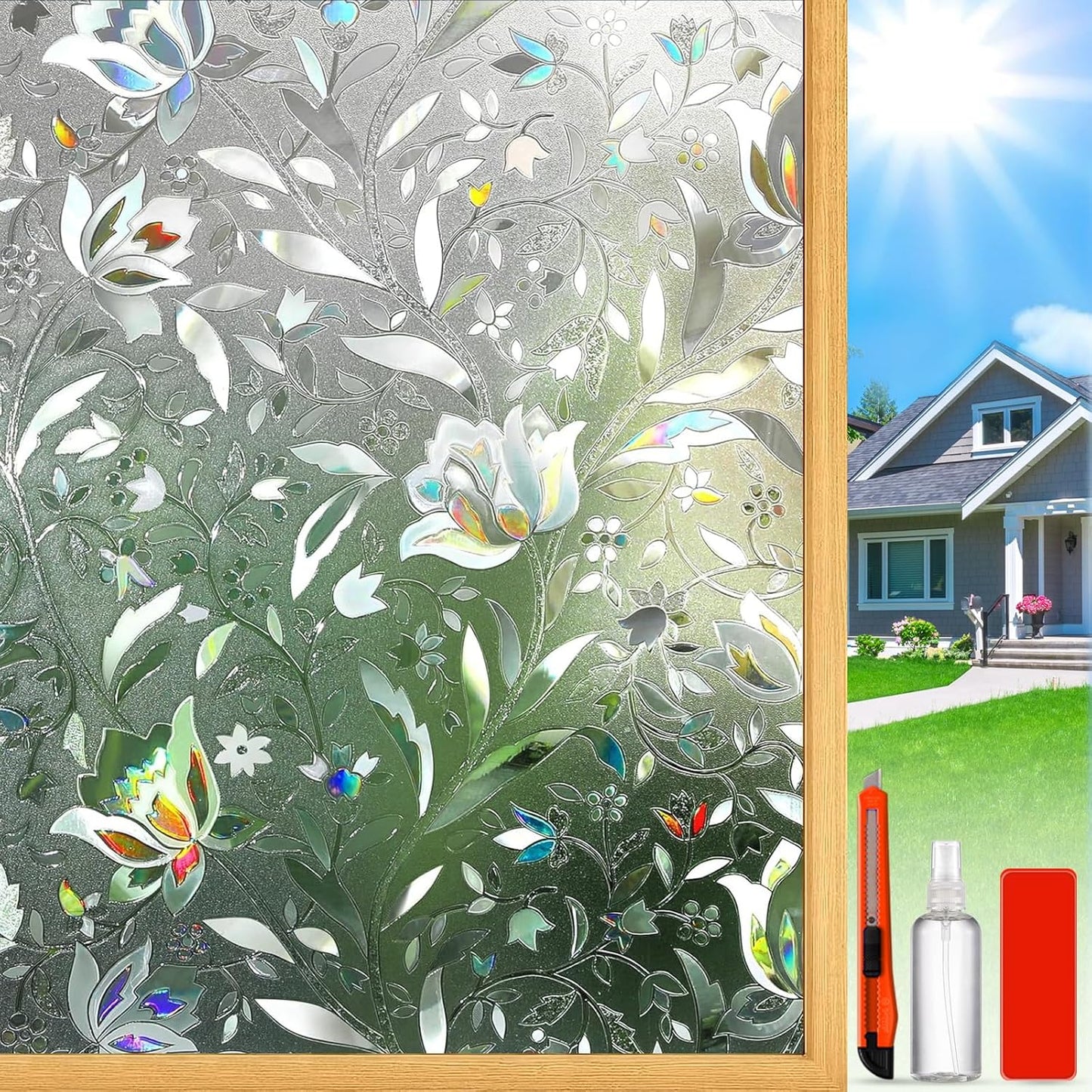 Rainbow Window Privacy Film Decorative, Stained Glass Window Tint for Home, 3D Decals Window Clings for Glass Windows, Static Cling Window Sticker, Suncatcher Window Cover,23.6" by 78.74"