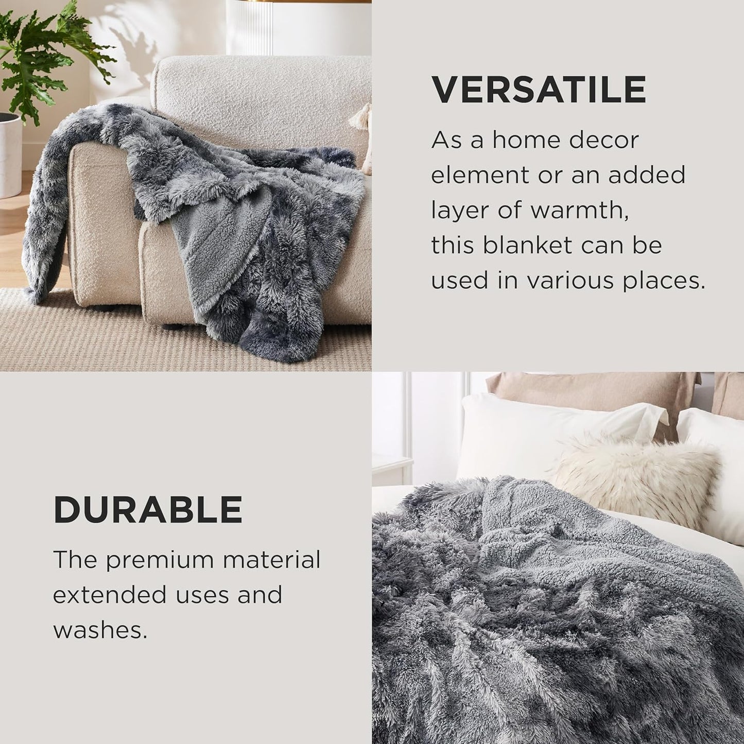 Bedsure GentleSoft Fluffy Fuzzy Faux Fur Throw Blanket, Soft Sherpa Fleece Cozy Gifts for Women, Grey Room Decor for Men Plush Blanket for Couch Bed, Thick Warm Minky Gifts for Girls Boys Teenages