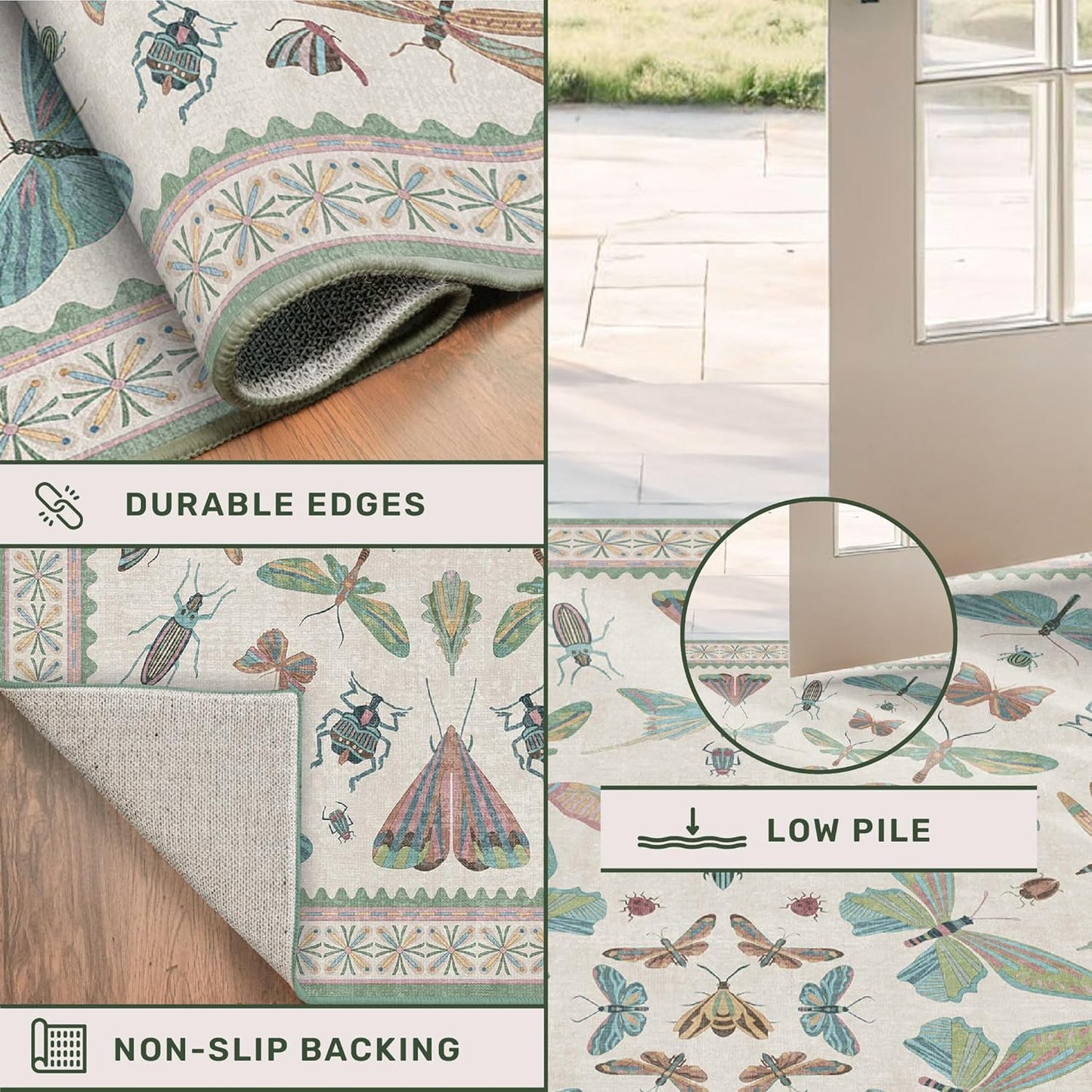 Insect Print Long Hallway Runner Rug - Light Green Rug for Kitchen Floor, Entryway Runner Rug, Washable Non Slip with Rubber Backing, Cool Butterfly Indoor Decor