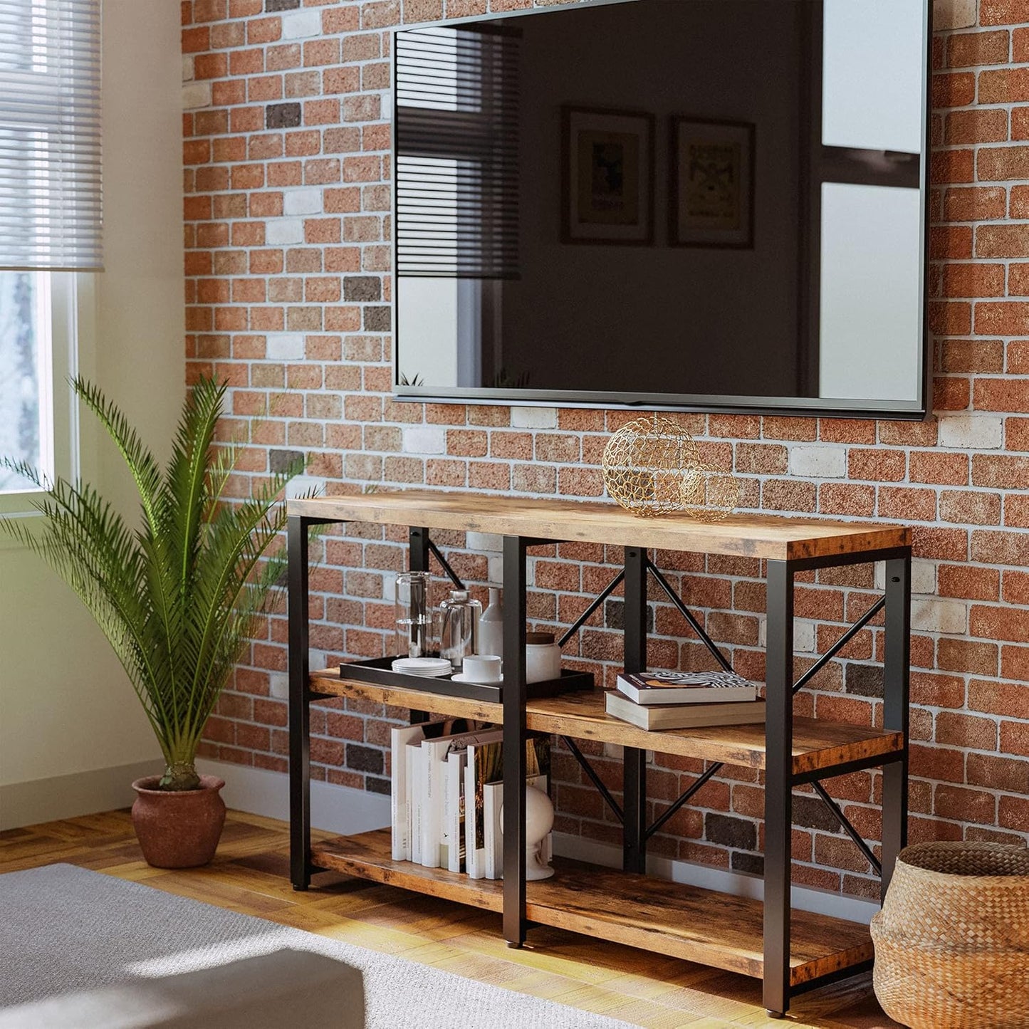 IRONCK Rustic Entryway Console Table, Long Hallway Table 47 in 3-Tier, TV Stand Entertainment Center Media Stand for Living Room, Industrial Style, Vintage Brown